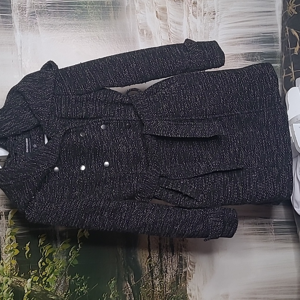Coffee Shop Womens Small black sparkly wool shawl collar trench coat